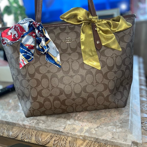 Coach Handbags - Coach Brown Tote with Yellow and Multicolor Scarves